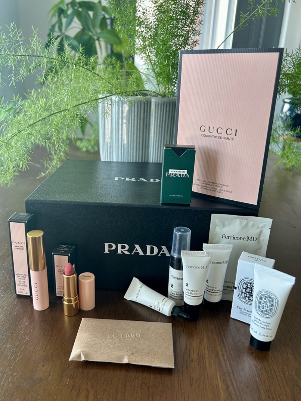 Luxury Brand Minis / Samples in Prada Box: Gucci, Perricone, Diptyque, Le Labo